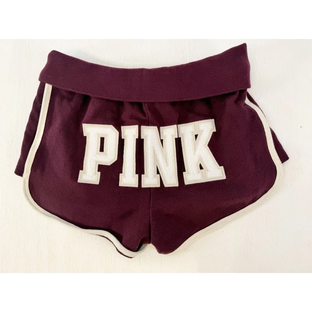 VICTORIA'S SECRET PINK Campus Terry Foldover Shorts Wild Rose White Logo M Y2K